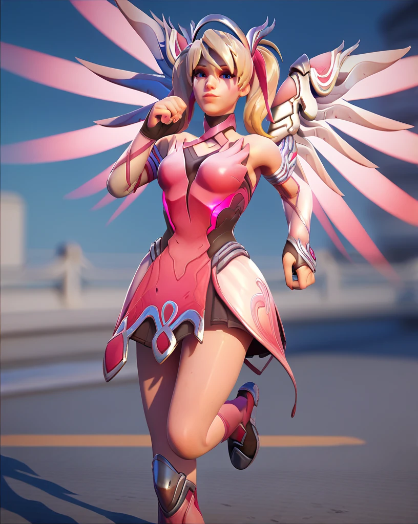 score_9, score_8_up, score_7_up, score_6_up, 1girl, 2.5d,  1girl,  mercy (overwatch), Pinkmercy  <lora:Pinkmercy-000035:.8>  looking at viewer,  big pink nuclear explosion behind, running towards viewer