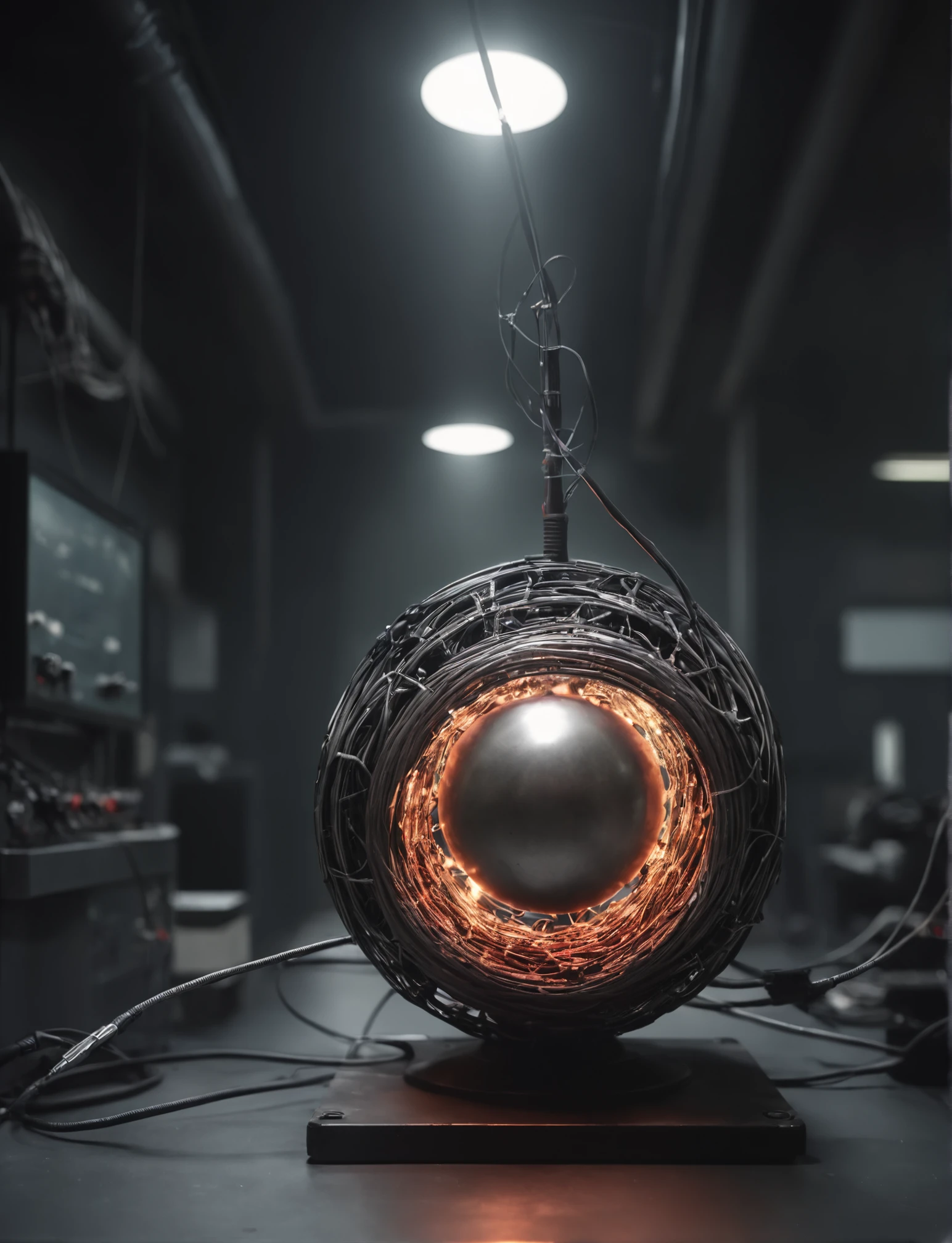A Photograph of the demon core, metal ball with cables, science lab, cables, dark atmosphere, epic