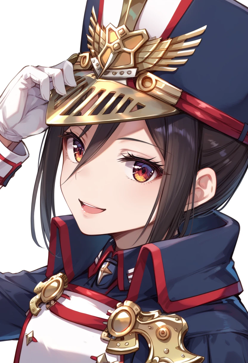 (score_9:0.9),score_8_up,score_7_up,anime style,rating_safe,(zPDXL),<lora:XB2 brighid and morag ponyXL v2:0.78>,morag_xb2,blue military uniform,blue military hat,1girl,solo,simple background,reverse trap,smile,looking at viewer,pauldrons,white background,white gloves,upper body,open mouth,adjusting hat,