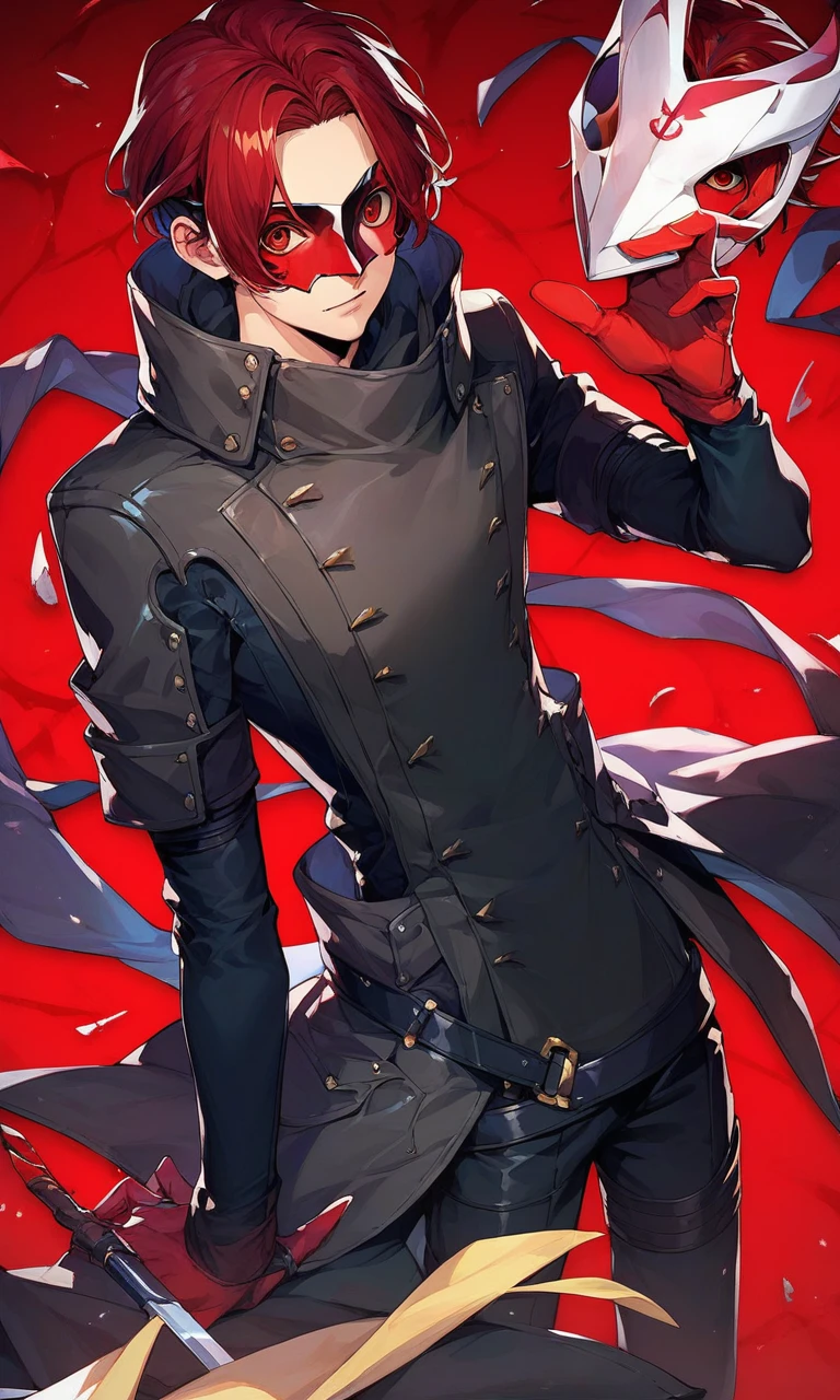 score_9,score_8_up,score_7_up,score_6_up,source_anime,1 boy,wonder_p5x,red eyes,middle parted,red hair, teenager,male_fcous,,mask,coat,black pants,looking at viewer,red gloves,<lora:wonder_p5x:0.8>