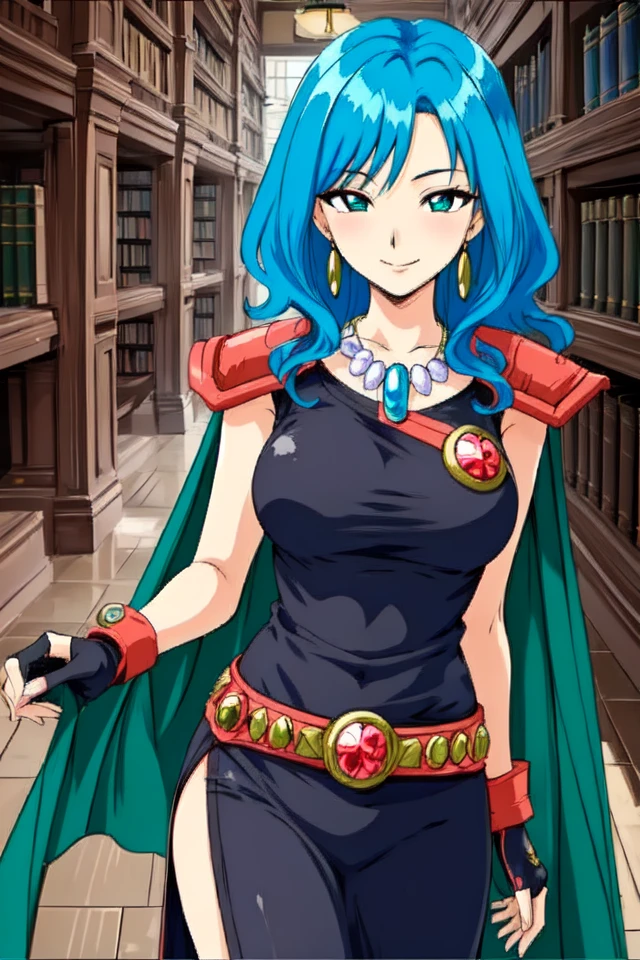 1 girl, indoors, library, standing, smile, pov, looking at viewer,
 <lora:Thousand_Arms_-_Metalia:0.6> tametalia, blue hair, long hair, wavy hair, necklace, earrings, blue eyes
shoulder guard, bare arms, black tank top, green cape, fingerless gloves,