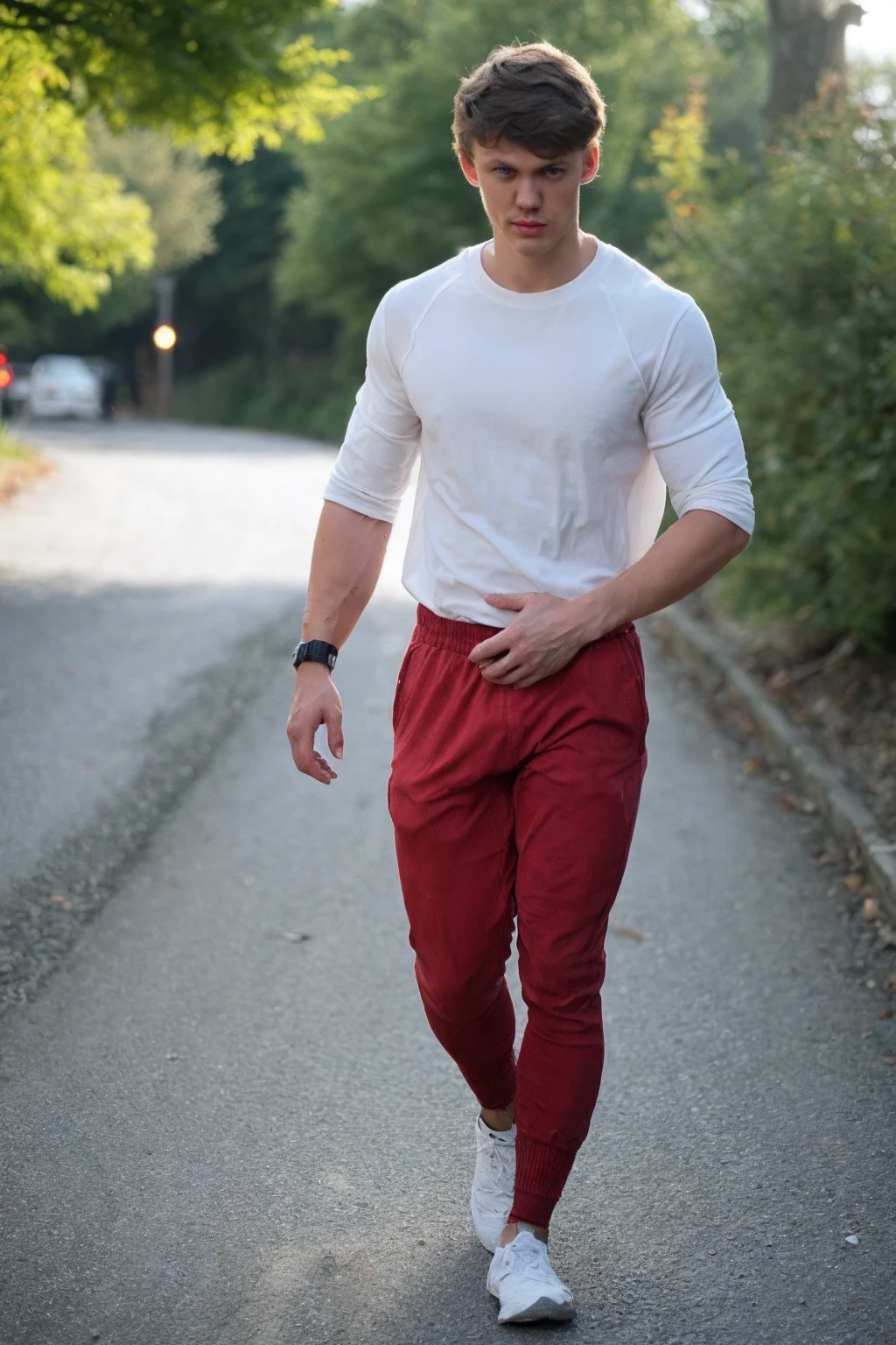 <lora:JeorgV3:1> (Jeorg),  a side view photorealistic candid still, full body track suit, (cute fit 18 year old twink), muscular, biceps, bulge, skinny waist, blue eyes, clean shaven, smooth everywhere, out for a walk, ((fully clothed)), skinny fit, artistic shot, RAW photo, detailed photo, gorgeous, shallow depth of field, bokeh, volumetric lighting, (surreal:0.4), hyper detailed photorealistic life-like accurate proportional 8k sharp focus, (accurate cinematic lighting), photorealistic detail, (selective focus:0.6)