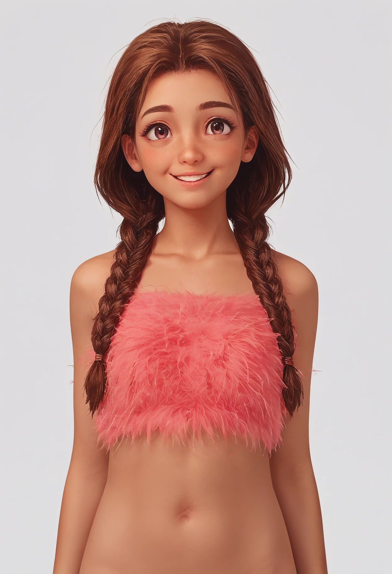 score_9, score_8_up, score_8, source_cartoon, rating_safe,
1girl, age20, simple background, brown braided hair, ideal face, ideal body, cute smile, 
pink fluffy crop top,
<lora:Smooth Style 2 SDXL_LoRA_Pony Diffusion V6 XL:0.8>
 <lora:BT_Fluffy_Crop_Top_Pony:0.7>