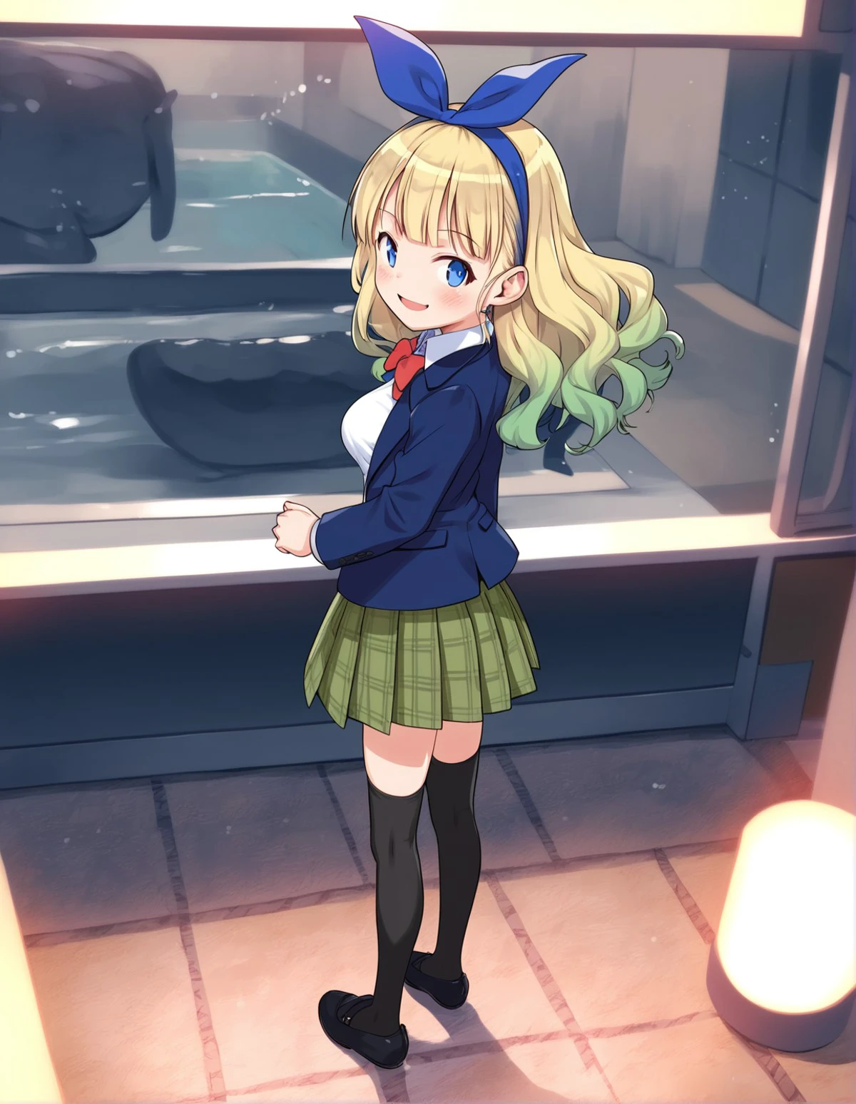 score_9, score_8_up, score_7_up,score_6_up,score_5_up,score_4_up, 1girl, aquarium, looking away, open mouth, skirt, jacket, bow, thighhighs, shirt, blonde hair, shoes, blue eyes, white shirt, long hair, plaid, bowtie, smile, blue jacket, red bow, plaid skirt, red bowtie, green skirt, black thighhighs, blazer, long sleeves, school uniform, collared shirt, pleated skirt, gradient hair, closed mouth, black footwear, mary janes, open jacket, open clothes, hairband, multicolored hair, standing, hair bow, over-kneehighs, blush, zettai ryouiki, blue bow, ribbon, black hairband, blunt bangs,, hair ribbon, dress shirt, wavy hair, green hair, medium breasts, wing collar, blue hairband, miniskirt, from behind,
<lora:teruki_kuma_style_pony6_v1:.8>