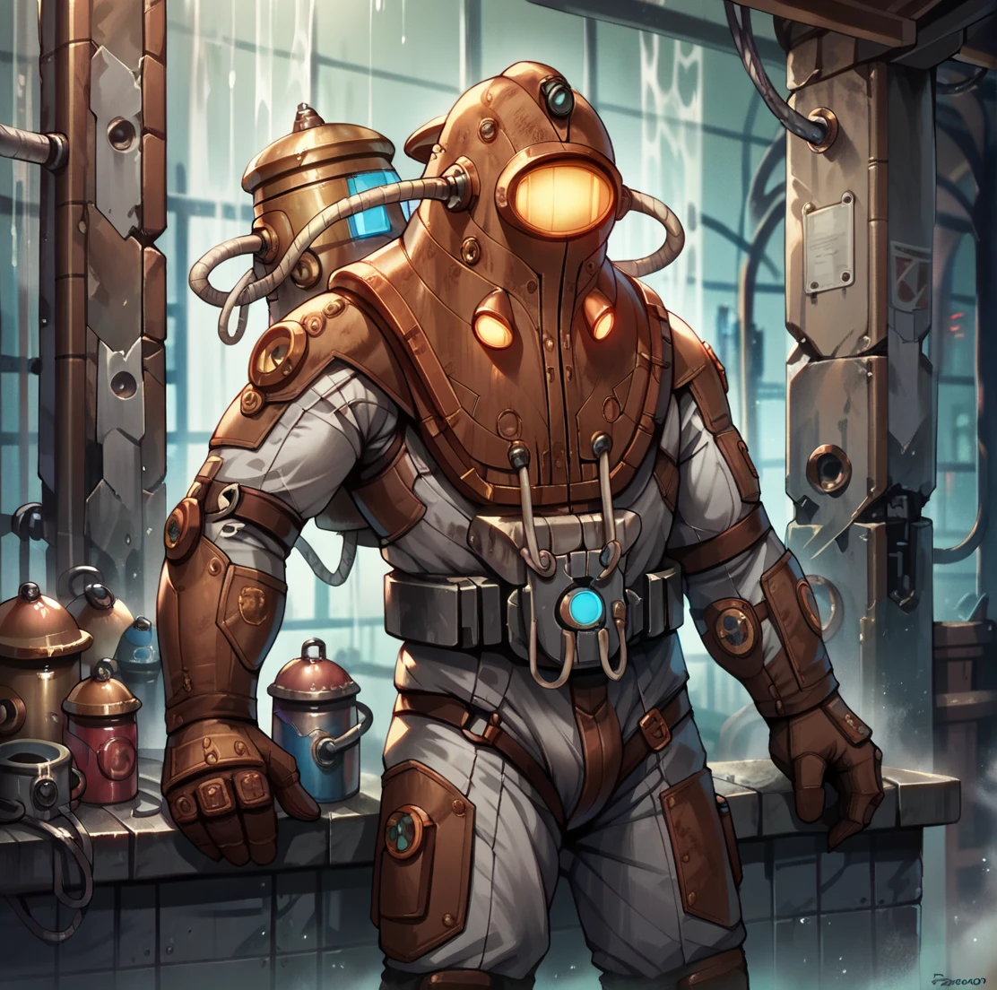 score_9, score_8_up, score_7_up, score_6_up, score_5_up, score_4_up, detailed background, 
 <lora:Subject_Delta_Bioshock_2_for_PonyXL:0.7>, 1boy, subjectd3lt4, diving suit, science fiction, solo, male focus, 
 <lora:ral-dissolve:1> ral-dissolve