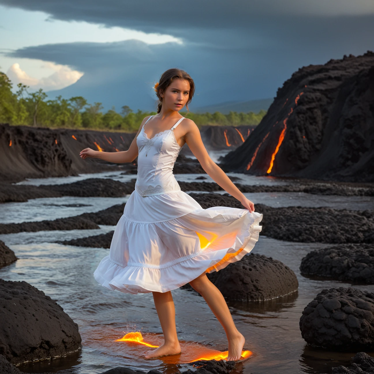 (Pure innocent adult victorian woman is dancing in lava with bare feet:1.1). This evocative portrait captures a sophisticated woman (showing an artistic dynamic pose in a middle of ethereal river of the lava:1.1). Her pure white surreal revealing gown contrasts with orange hues of lava and dark carbon ground, creating a dramatic dissonance between subject and environment. The slender woman's backward glance and barefoot stance convey a mixture of vulnerability and quiet determination. The dirt path winds into the distance, symbolizing an unknown future or a path less traveled. Muted color palette and the model's casual attire emphasize the intimate atmosphere of scenery.
BREAK Captivating photograph juxtaposes the primal energy of molten lava and ethereal dramatic sky. The serpentine rivers of magma carve their way through the rugged voxelized landscape with mesmerizing contrast of warmth and coolness. The lava's incandescent oranges and yellows seem alive, pulsating against the stolid grays of the surrounding rock.
BREAK Above, the sky unfolds in a breathtaking mix of light and shadow, with luminous clouds catching the blue hues of a hidden morning sun. deep shallow dof, low-angle composition, high dynamic range, natural lighting, golden hour illumination, cloud-diffused sunlight, strong tonal contrast, vivid color saturation in foreground, muted tones in background, rule of thirds applied to horizon placement, leading lines formed by lava flow, lens flares and light leaks, balanced exposure between bright lava and darker surroundings.
BREAK Photograph is featured with noticeable rim lighting effect and strong gloom. subject in sharp focus against blurred background, natural lighting, soft shadows, muted green color grading, low contrast, slight vignetting, minimal chromatic aberration, diffused highlights in foliage, strong swirly bokeh, slight motion blur in subject's hair suggesting movement.
<lora:Meostigmat_f1.7_100mm-000019:0.43>
