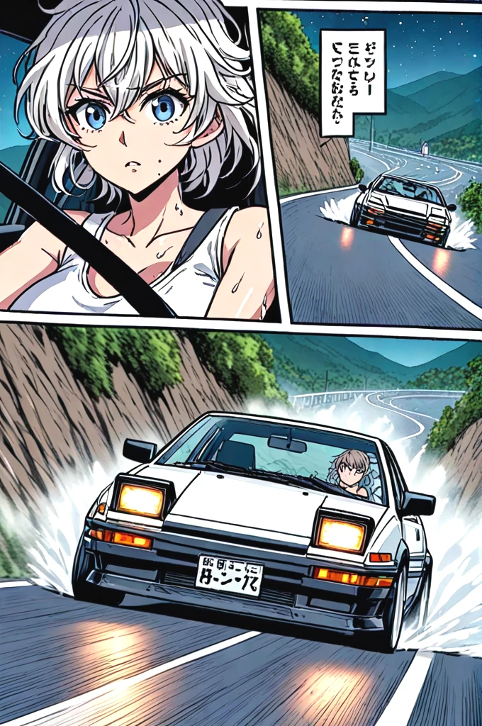 source_anime, score_9, score_8_up, score_7_up, comic, manga, drifting style, solo focus, 1girl in car interior, tank top, big tits, white hair, short hair, AE 86, Initial D, seatbelt, motion lines, motion blur, driving, sports car, reflection, dust, wind, downhill, slope road, mountain road, wet, fog, tree, cliff, night, starry sky, <lora:50pics_driftingstyle_pony:0.9>