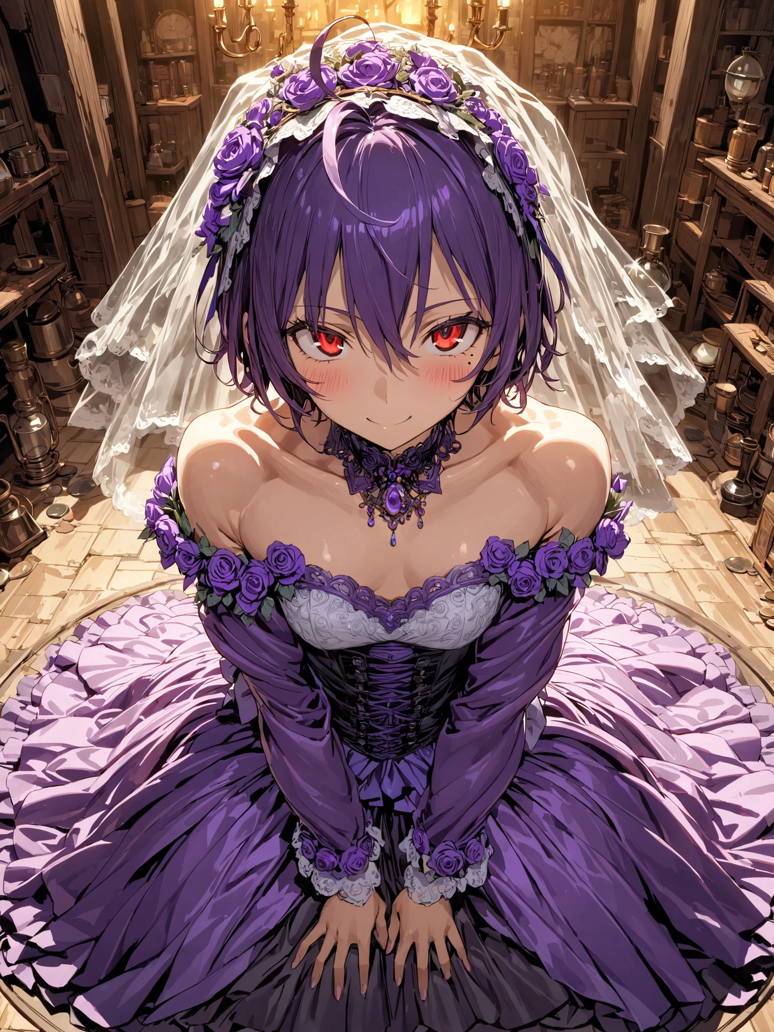 one girl,solo,high stature,Early twenties,((red eyes,purple hair,mole under eye)),drooping eyes,((midium short hair,hair between eyes)),muscle girl,(large thighs),flat chest,(ahoge,tareme),muscular,
((violet wedding dress,bridal veil,violet tailcoat,long sleeves,corset,purple skirt)),(purple mini silk hat),off_shoulder,violet stripe stockings,purple dog collars,mephistopheles the Fallen Angel,
(smile,blush),shiny skin,high resolution,looking at viewer,from above,squatting,
victorian era,(night,alchemy room),sense of depth,4k,absurdres,dynamic angle,best quality,masterpiece,Detailed illustration,Destructive art,opulent,
insanely detailed,ultra-highres, ultra-detailed,ultra detailed eyes,(Ray Tracing,Illustrated,Reflected Light),