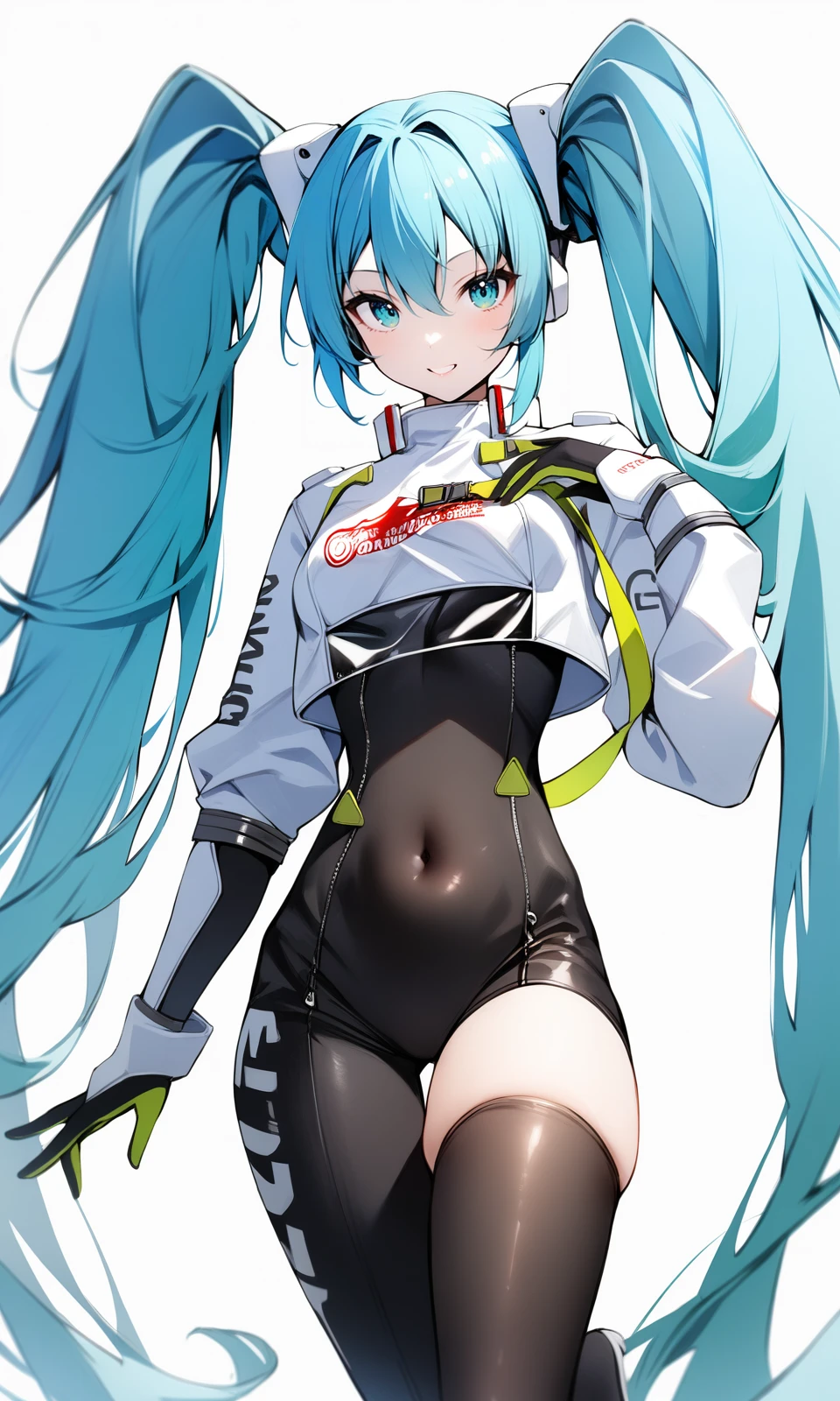 1girl, miku22, aqua eyes, aqua hair, black bodysuit, breasts, covered navel, cowboy shot, hatsune miku, long hair, looking at viewer, race queen, skin tight, solo, thighhighs, twintails, very long hair, zipper, 
masterpiece, absurdres,
<lora:RacingMiku2022_XL:1>