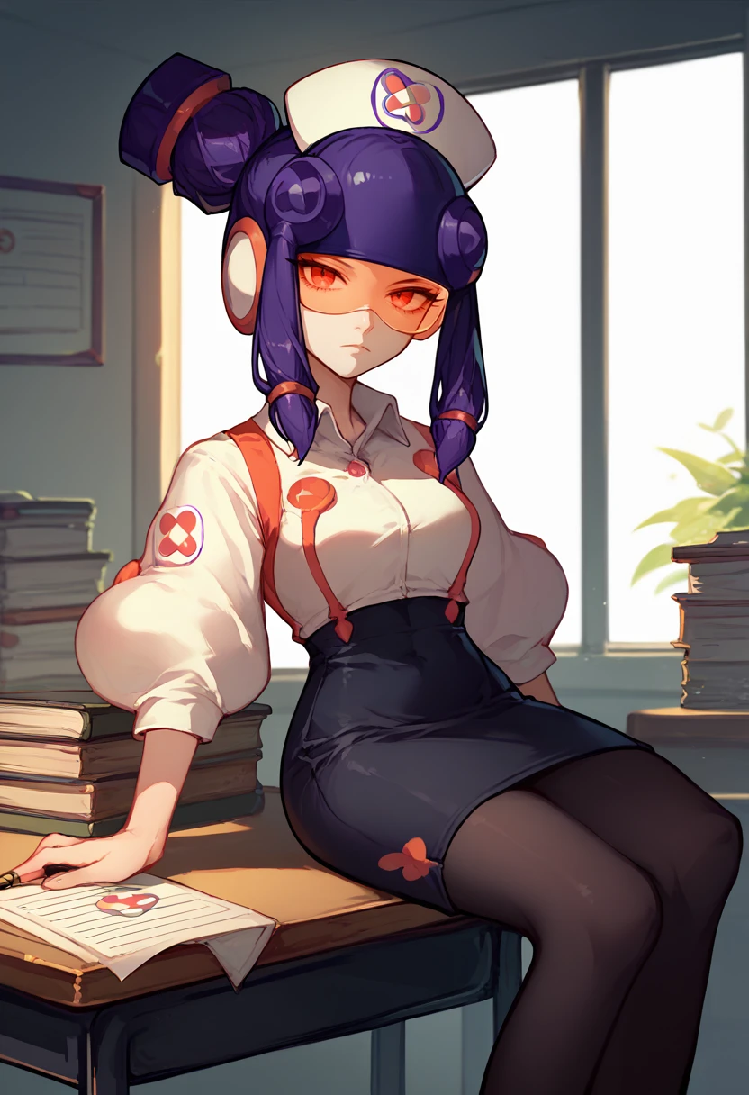 score_9, score_8_up, score_7_up, solo, 1girl, meddyexe, expressionless, looking at viewer, sitting on desk, purple hair, helmet, nurse cap, red eyes, tinted eyewear, white shirt, collared shirt, black skirt, pencil skirt, black pantyhose, indoors, office <lora:megamanbattlenet_meddy_ponyXL:1>