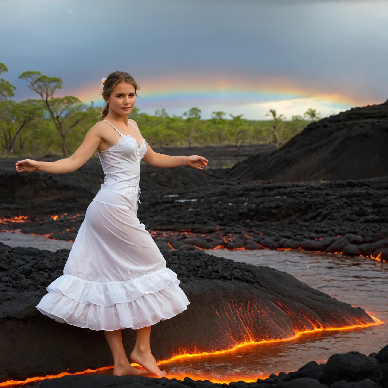 (Pure innocent adult victorian woman is dancing in lava with bare feet:1.1). This evocative portrait captures a sophisticated woman (showing an artistic dynamic pose in a middle of ethereal river of the lava:1.1). Her pure white surreal revealing gown contrasts with orange hues of lava and dark carbon ground, creating a dramatic dissonance between subject and environment. The slender woman's backward glance and barefoot stance convey a mixture of vulnerability and quiet determination. The dirt path winds into the distance, symbolizing an unknown future or a path less traveled. Muted color palette and the model's casual attire emphasize the intimate atmosphere of scenery.
BREAK Captivating photograph juxtaposes the primal energy of molten lava and ethereal dramatic sky. The serpentine rivers of magma carve their way through the rugged voxelized landscape with mesmerizing contrast of warmth and coolness. The lava's incandescent oranges and yellows seem alive, pulsating against the stolid grays of the surrounding rock.
BREAK Above, the sky unfolds in a breathtaking mix of light and shadow, with luminous clouds catching the blue hues of a hidden morning sun. deep shallow dof, low-angle composition, high dynamic range, natural lighting, golden hour illumination, cloud-diffused sunlight, strong tonal contrast, vivid color saturation in foreground, muted tones in background, rule of thirds applied to horizon placement, leading lines formed by lava flow, lens flares and light leaks, balanced exposure between bright lava and darker surroundings.
BREAK Photograph is featured with noticeable rim lighting effect and strong gloom. subject in sharp focus against blurred background, natural lighting, soft shadows, muted green color grading, low contrast, slight vignetting, minimal chromatic aberration, diffused highlights in foliage, strong swirly bokeh, slight motion blur in subject's hair suggesting movement.
<lora:Meostigmat_f1.7_100mm-000019:0.43>