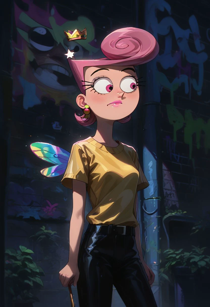 score_9, score_8_up, score_7_up, detailed, 
1girl, wanda (/Fairly OddParents)/,(ultra HD quality details), pink hair, pink eyes, pink lipstick, earrings, wings, wand, floating fairy,
yellow shirt, black pants, crown, solo, intricate details, chromatic aberration, realistic, sharp eyes, 
night, Low-key lighting, dark, against wall, brick wall, graffiti, dim lighting, alley, looking at viewer