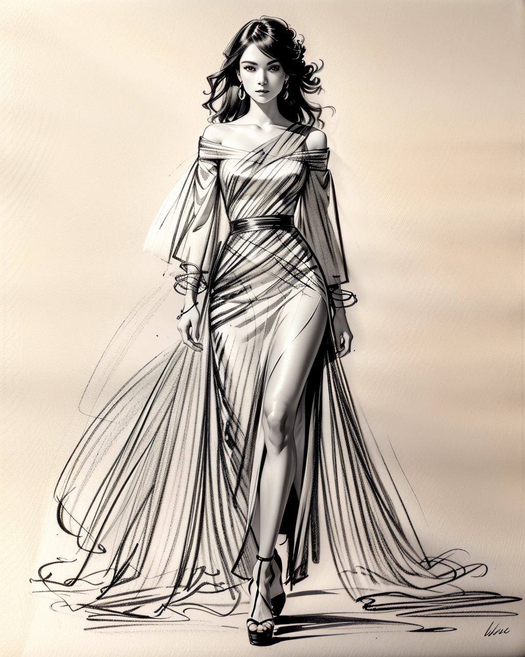 best quality,masterpiece,highly detailed,ultra-detailed, 
 <lora:neg9V2_last:0.7>  doodle, monochrome, traditional media, greyscale, sketch, simple background
 <lora:doodle:1>
female model,runway,