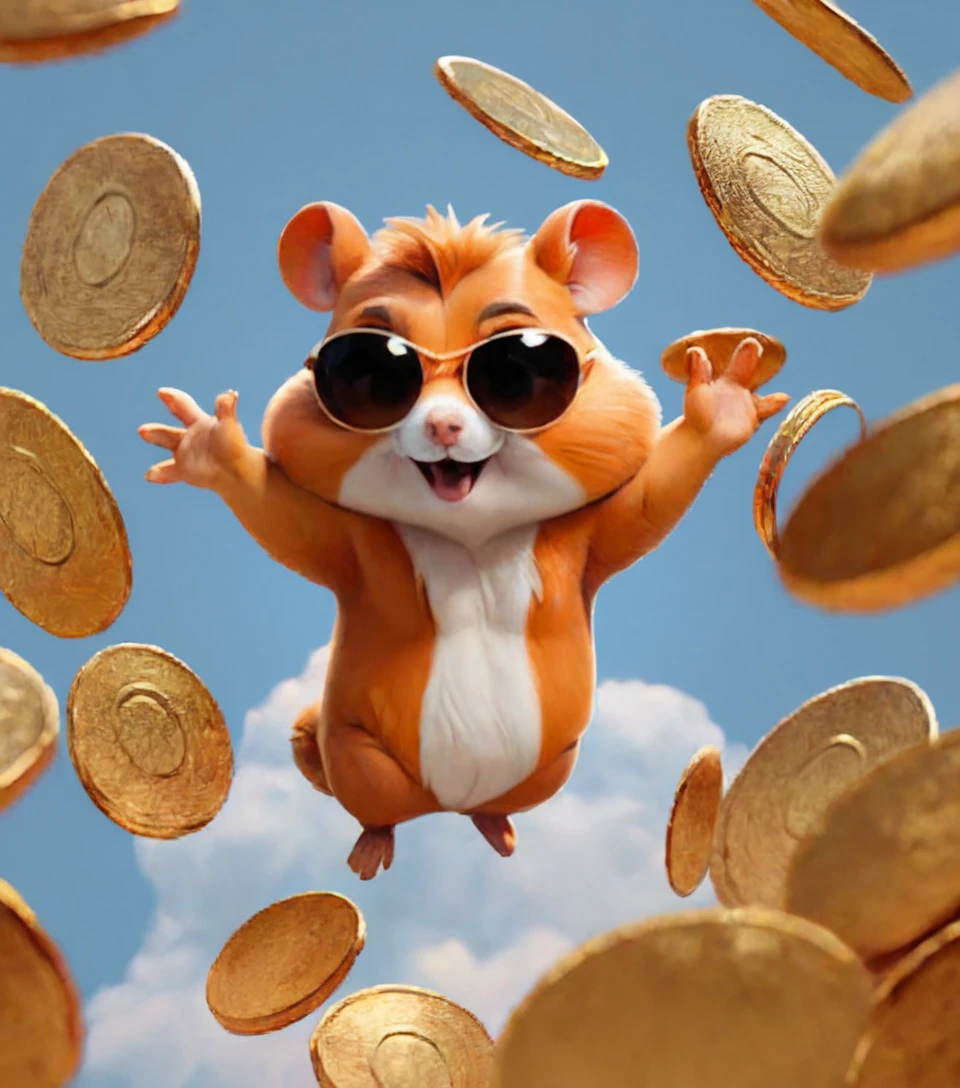 score_9, score_8_up, score_7_up, hkhmstr, hamster, happy, cool sunglasses, falling down pile of golden coins, flying objects, surrounded by money, perfect eyes, perfect hands, detailed fingers