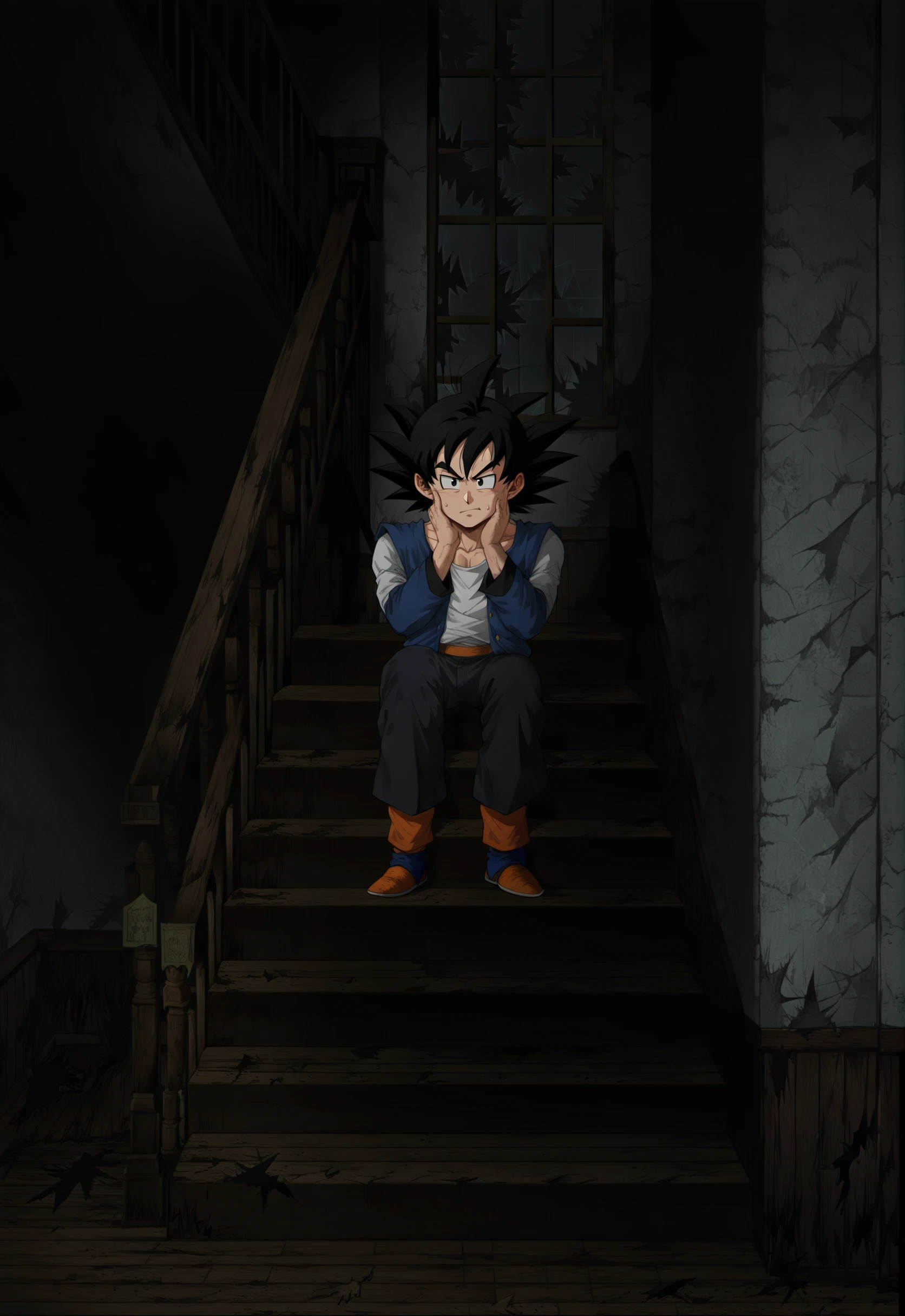 score_9, score_8_up, score_7_up, score_6_up
BREAK
1boy, (son goku:1.8), muscular, sitting, sitting on stairs, serious, hands on own cheeks,
BREAK
school uniform, black pants, blue blazer, open blazer, white shirt, collared shirt,
BREAK
heavenlyhost, school, hallway, broken glass, window, white wall, wainscoting, wooden floor, stairs, horror \(theme\), night, indoors <lora:HeavenlyHostBG:1>