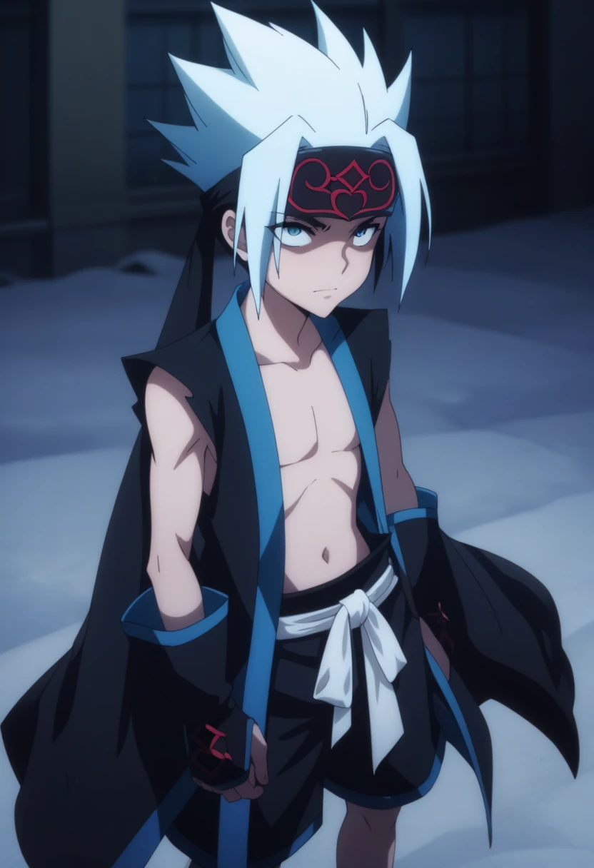 score_9, score_8_up, score_7_up, score_6_up, highly detailed, masterpiece, best quality,detailed,intricate details, amazing quality, best aesthetic, absurdres,source_anime,
 horo horo, blue hair, blue eyes, black with red pattern headband, black shorts, ainu clothes, black fingerless gloves, open clothes, sleeveless<lora:EMS-400936-EMS:1.000000>