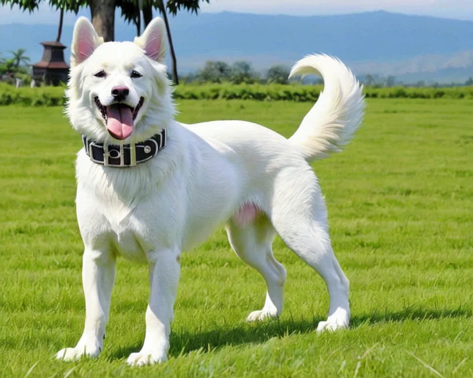 tail, full body, outdoors, sky, day, tongue, tongue out, black eyes, collar, dated, tree, blue sky, no humans, animal, grass, plant, nature, dog, realistic, field, animal focus, white fur, photo background, fluffy, Kintamani, <lora:kintamani-bari_dog_v4:0.5>