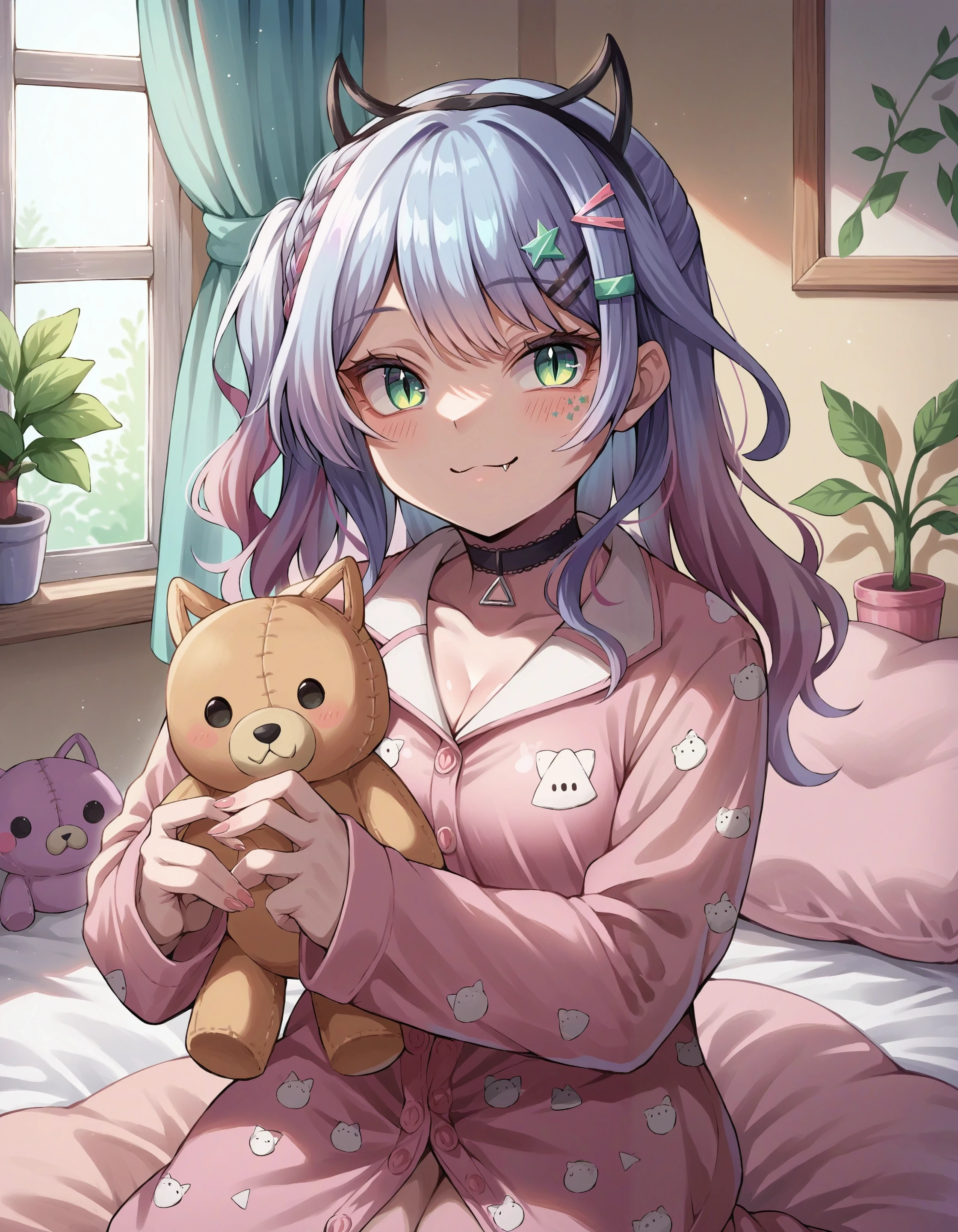 score_9, score_8_up, score_7_up, source_anime,
1girl, sata nakia, hairclip, fake horns, slit pupils, fangs,
pajamas, bedroom, on bed, window, potted plant, light smile, looking at viewer, stuffed toy,
choker,
<lora:char_sata_nakia-pony-lbw:1>