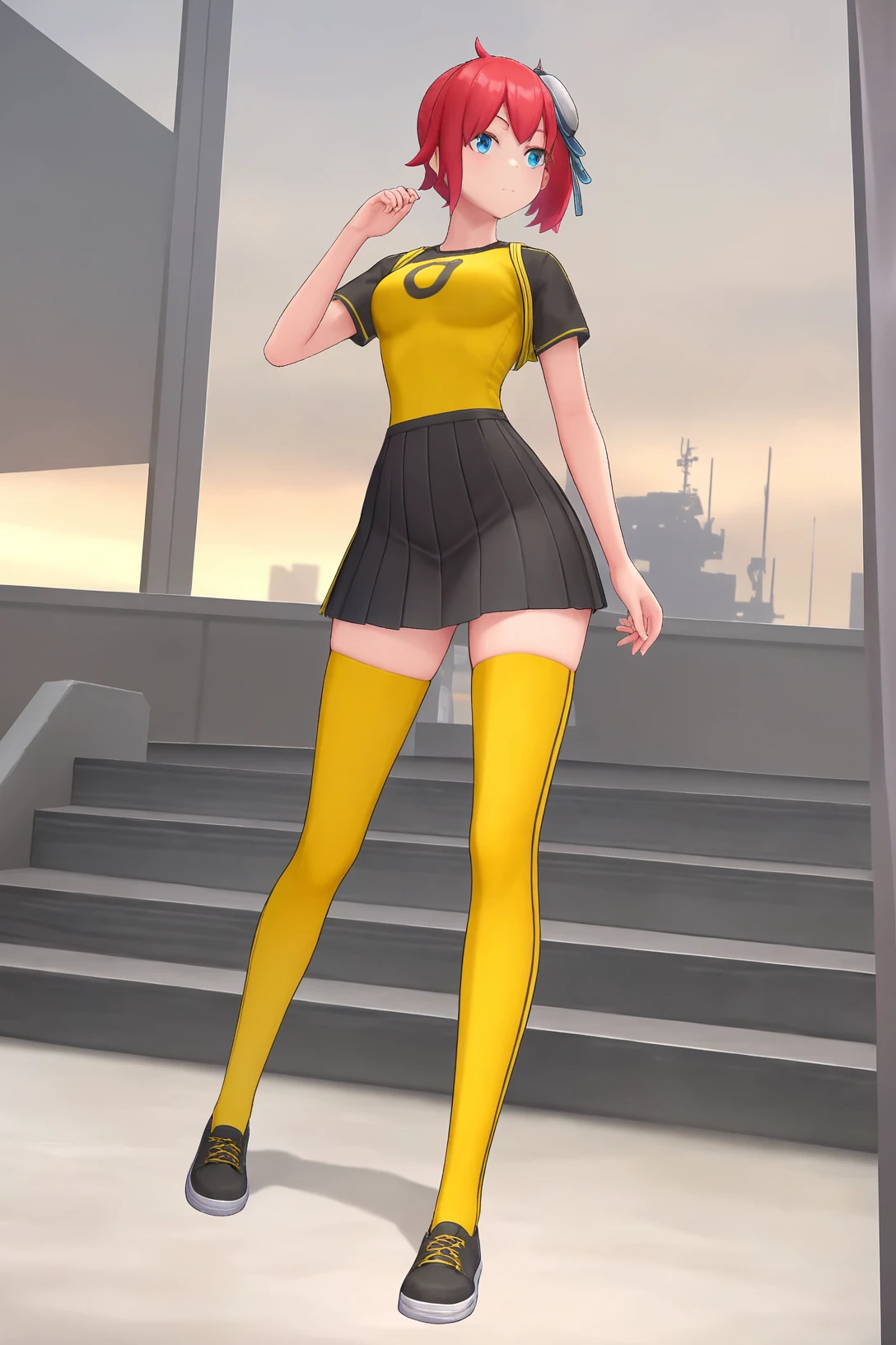 yellow shirt black skirt yellow thighhighs single glove, dsc-ami, hair ornament, 1girl, solo, narrow waist, masterpiece, absurdres, high quality,highres, best quality, (full body:1.20), recent <lora:dsc-ami-V01-000003:0.6>