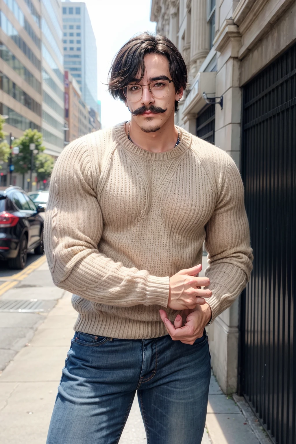 1boy, rikzpt, (sweater), broad shoulders, muscular, black hair, moustaches, looking at you, jeans, park, glasses<lora:EMS-93-EMS:1.000000>, <lora:EMS-375577-EMS:0.750000>