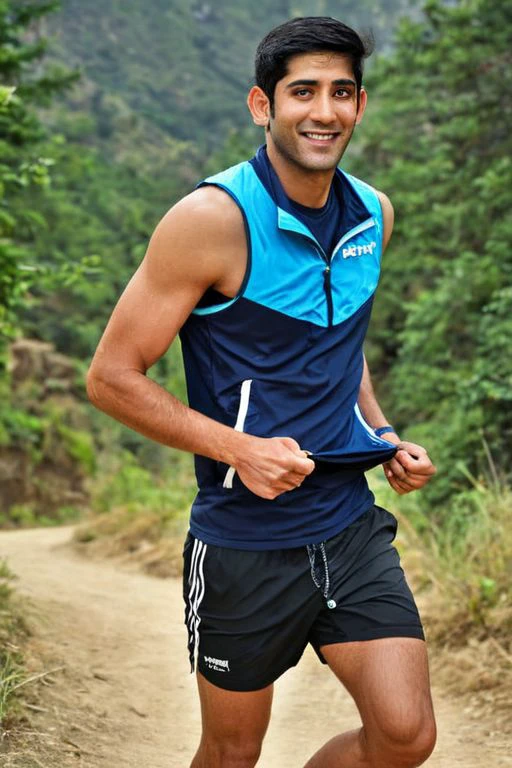 Detailed picture of Varun Sood a man <lora:Varun-Sood:1>, jogging in the hiking trail wearing Superdry sportswear vest and shorts, gorgeous lighting, HDR, 8K, realistic, highly detailed, smile, <lora:add-detail-xl:1>