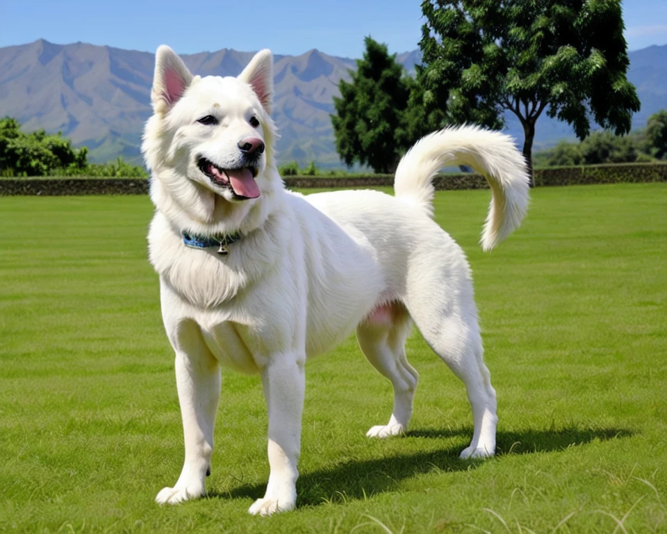 tail, full body, outdoors, dated, tree, blue sky, no humans, animal, grass, plant, nature, dog, realistic, field, animal focus, white fur, photo background, fluffy, Kintamani, <lora:kintamani-bari_dog_v4:0.5>