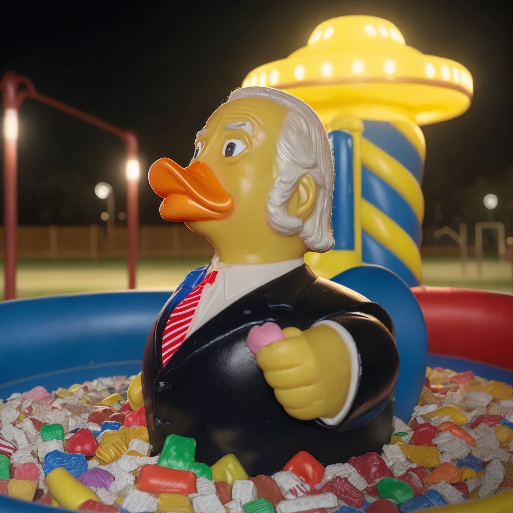 rubberduck, joe biden, in a pile of candy<lora:rubberduck-000009:1>, 8k, 4k, detailed