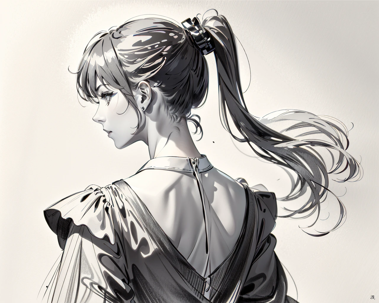 best quality,masterpiece,highly detailed,ultra-detailed, 
 <lora:neg9V2_last:0.7>  
 <lora:doodle:1>1girl,  ponytail,  doodle, dress, facing away, greyscale, monochrome, simple background, solo, traditional media, å¡é´