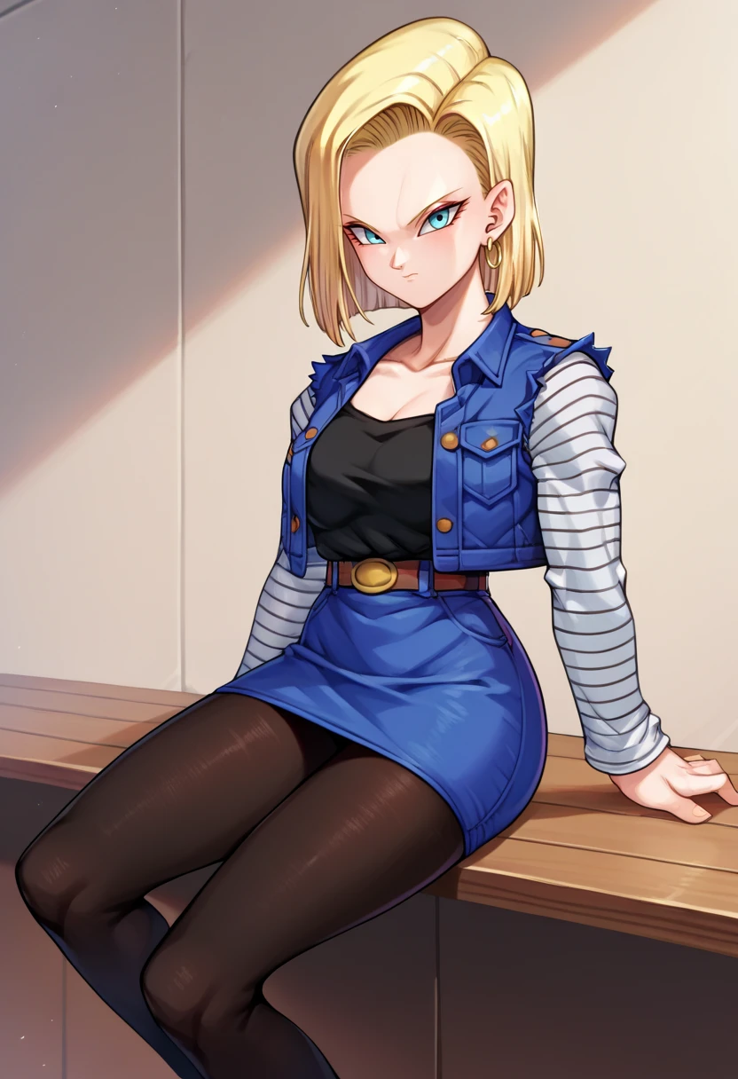 score_9,score_8_up,score_7_up,score_9,score_8_up,score_8,ultra detailed,beautiful face,highres BREAK <lora:18:0.8>,Android18SDXL,1girl,solo,short hair,blue eyes,skirt,blonde hair,jewelry,jacket,pantyhose,earrings,belt,vest,denim,denim skirt,android 18,room,room background,sitting,