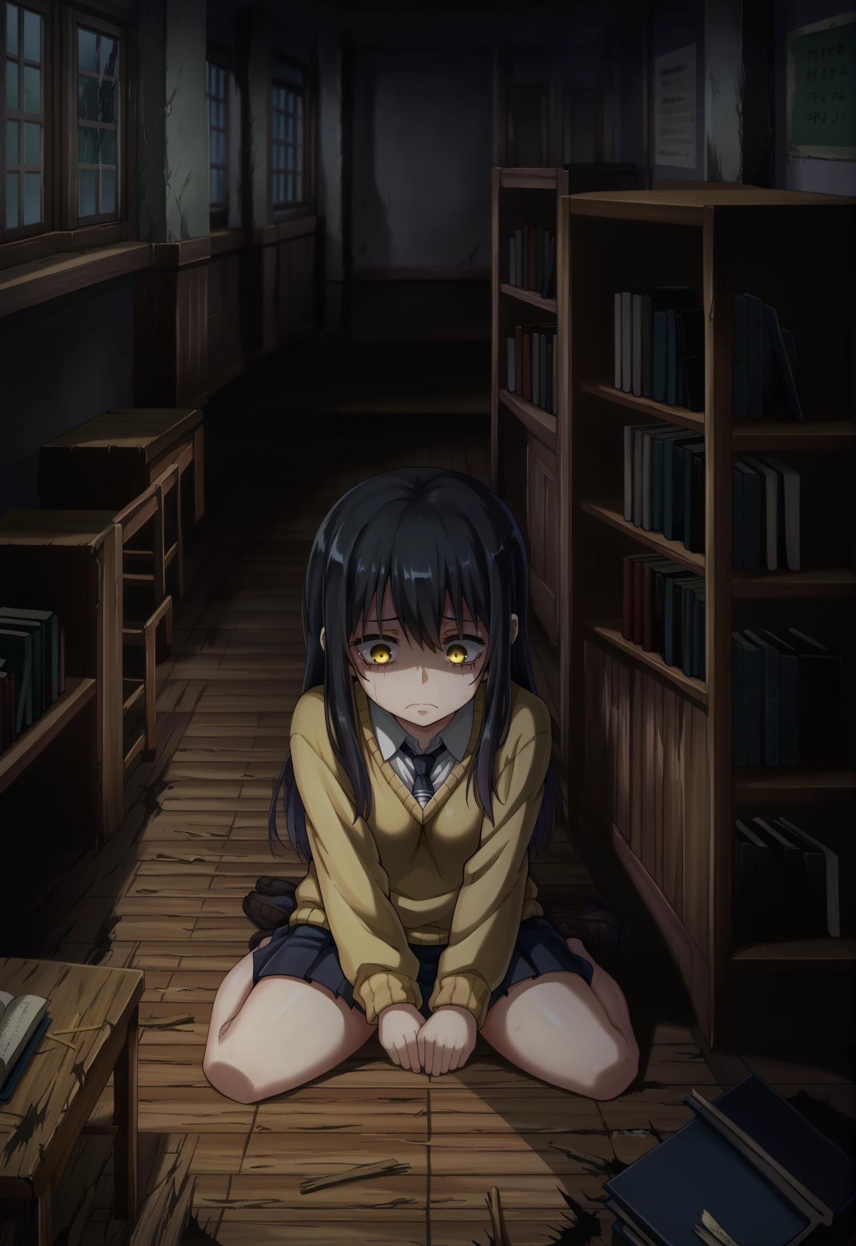 score_9, score_8_up, score_7_up, score_6_up,
BREAK
1girl, yotsuya miko, school uniform, yellow sweater, yellow eyes, black hair, long hair, scared, sitting, on floor, wariza, from above
BREAK
monster, ghost, 
BREAK
heavenlyhost, school, tile ceiling, ceiling, ceiling light, wooden floor, white wall, wainscoting, school desk, school chair, wooden stairs, bookshelf, book, library, horror \(theme\), night, indoors  <lora:HeavenlyHostBG:1> <lora:mieruko-chan_v0.2-pony:1> monster