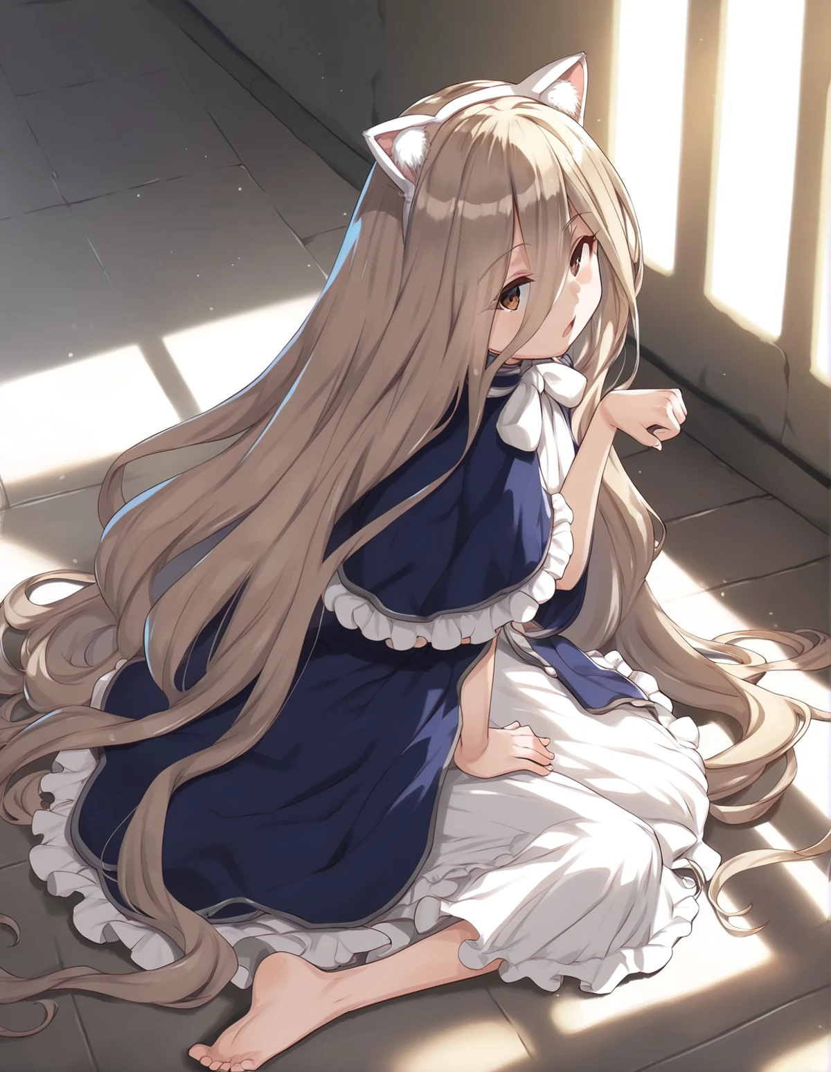 score_9, score_8_up, score_7_up,score_6_up,score_5_up,score_4_up, 1girl sitting on the floor, paw pose, open mouth, fake cat ears, castle, sunlight, windiw
<lora:teruki_kuma_style_pony6_v1:1> <lora:sense_sousou no frieren_PONY_last:0.6> sense \(sousou no frieren\),brown eyes,very long hair,absurdly long hair,hair between eyes,eyes visible through hair, blue capelet,frilled dress,white long dress