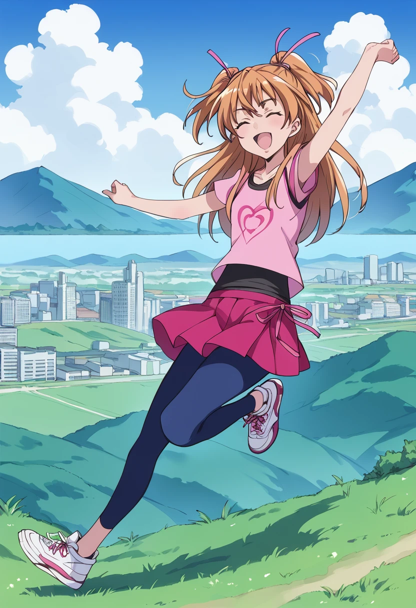 score_9, score_8_up, score_7_up, source_anime BREAK
houjou hibiki, 1girl, solo, closed eyes, > <, long hair, open mouth, two side up, brown hair, day, casual, running, shoes, jumping, cloud, grass, :d, xd, hair ornament, smile, orange hair, outdoors, city, mountain, arms up, blue sky, landscape, half updo, full body, sneakers, cityscape, hill, building hair ribbon, pink ribbon, tank top, pink shirt, heart print, black shirt,
short sleeves,
pants under skirt, leggings, capri pants, blue pants, blue legwear,
pink skirt, pleated skirt,
sneakers, white footwear,
<lora:cure_melody_houjou_hibiki_sdxl_locon_pony_v1:0.7>