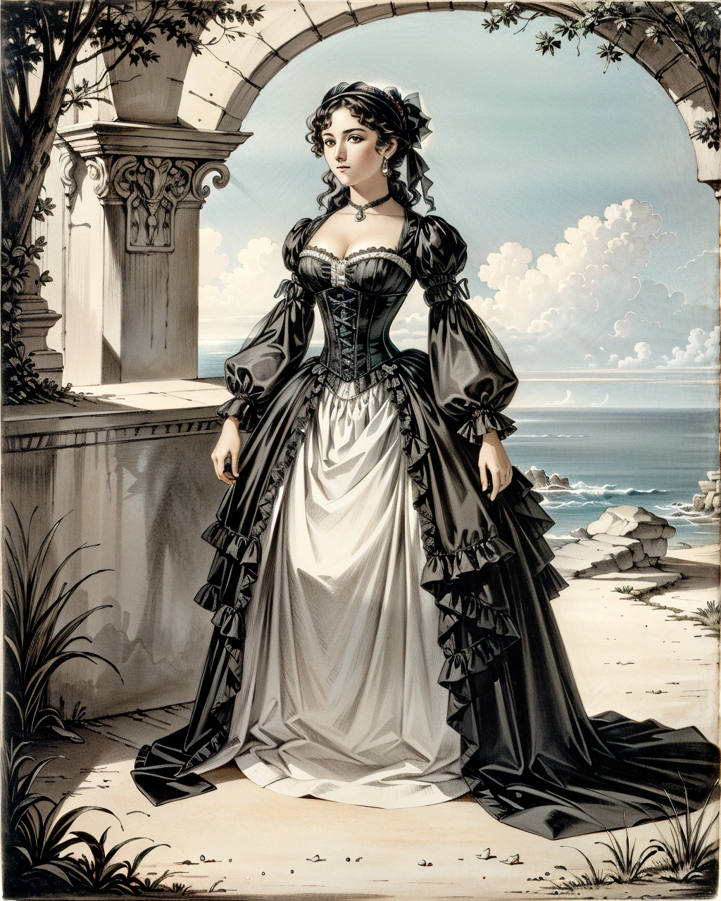 best quality,masterpiece,highly detailed,ultra-detailed, 
 <lora:neg9V2_last:0.7>  1girl, dress,corset. formal dress,
 <lora:CJHullmandel:1>basket, charles joseph hullmandel,   fine art parody,   traditional media, ocean ,