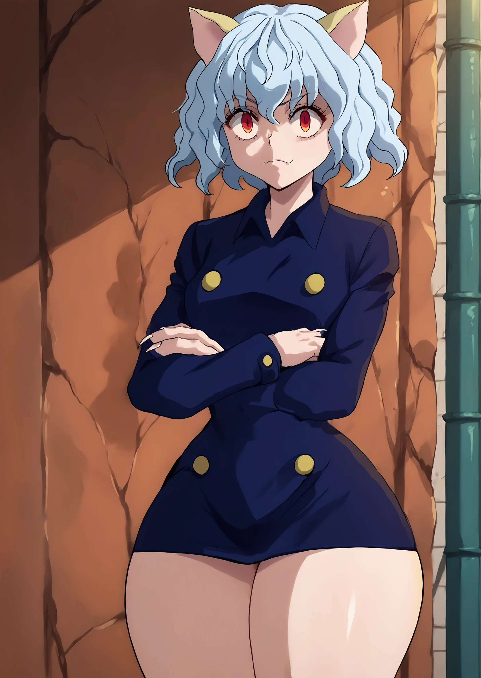 score_9, score_8_up, score_7_up, score_6_up, score_5_up, score_4_up, 2d, anime, anime artstyle, simple shadows, flat coloring, flat shadows, thick lines, hxhpitou <lora:Neferpitou_HxH_-_2011_anime_accurate_style:1.0>, 1girl, cat ears, red eyes, thick thighs, wide hips, curvy, long sleeves, outdoors, perfthig <lora:More_feminine_body:1>, 1girl, thick thighs, wide hips, petite, thin arms, narrow shoulders, crossed arms BREAK source_anime