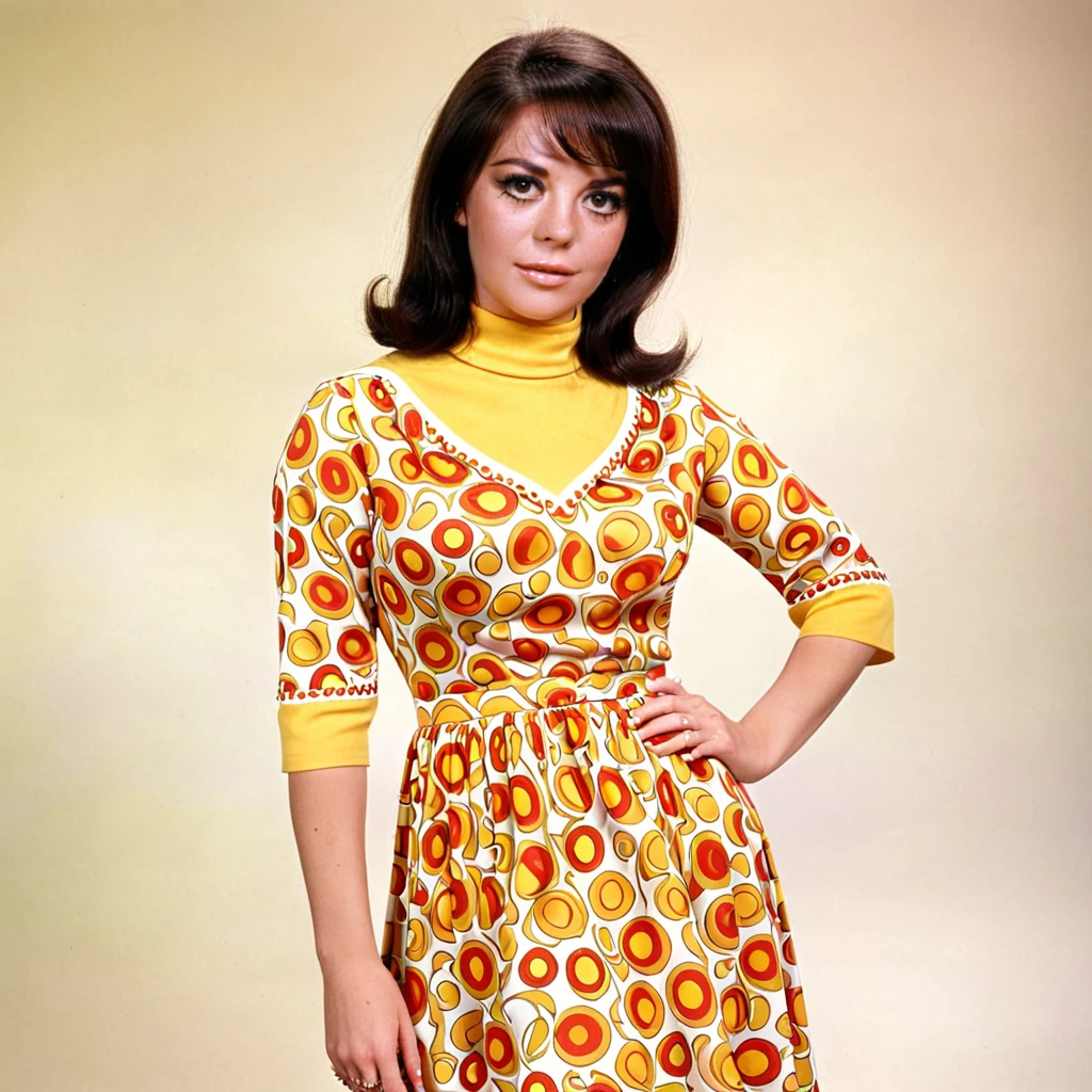 wearing a 70s dress outfit photo <lora:Natalie Wood SDXL-000002b:1> dooweilatan