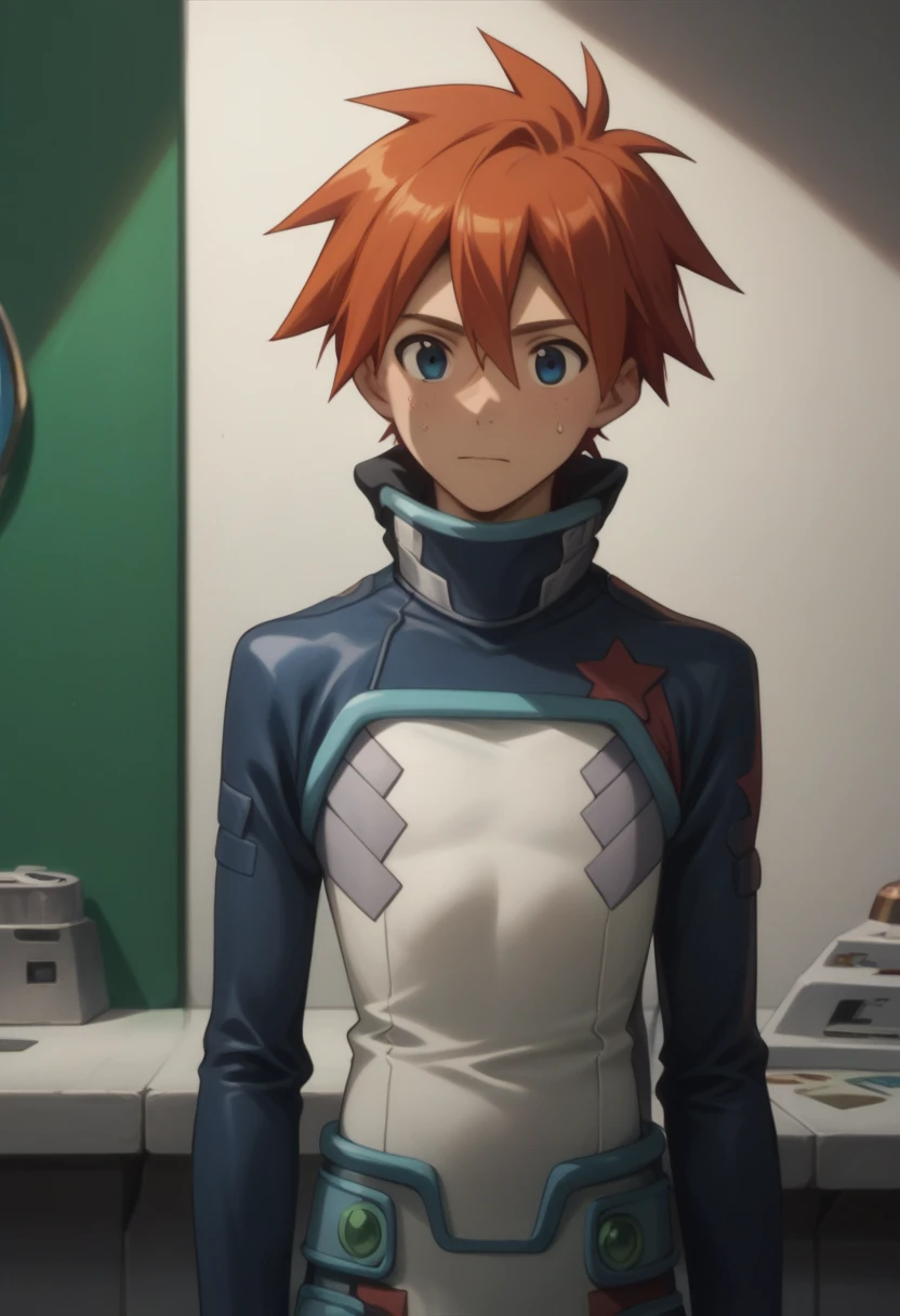 score_9, score_8_up, score_7_up, score_6_up, highly detailed, masterpiece, best quality,detailed,intricate details, amazing quality, best aesthetic, absurdres,source_anime,
male focus, 1boy, gimmy adai orange hair blue eyes male focus star (symbol) bodysuit<lora:EMS-400627-EMS:1.000000>