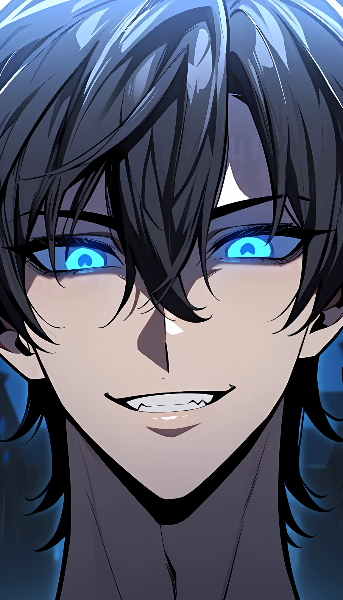 fantasy-style, solo, looking at viewer, smile, short hair, blue eyes, black hair, 1boy, hair between eyes, male focus, parted lips, grin, glowing, portrait, glowing eyes, colored sclera, black sclera