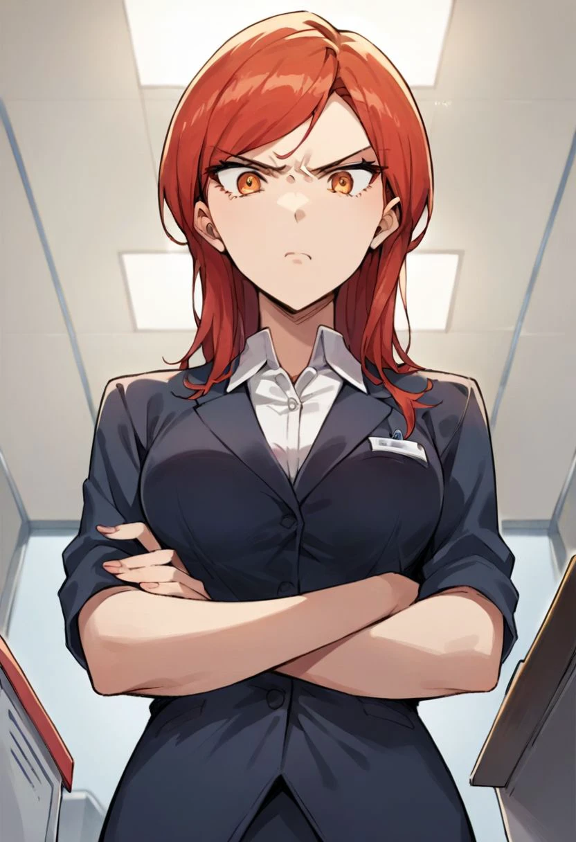 score_9, score_8_up, score_7_up, source_questionable, source_anime, alexandra magritte, 1girl, solo, red hair, swept left hair, amber eyes, office suit, medium breasts, crossing arms, annoyed, from below, pov, office, cowboy shot