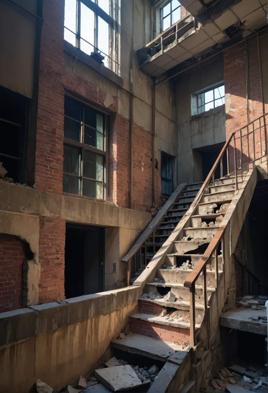 score_9,score_8_up,score_7_up,8k,hd,,ruanyi0678,brick wall,broken window,crack,overgrown,railing,rubble,ruins,stairs,no humans,<lora:0678 abandoned factory_v1_pony:1>