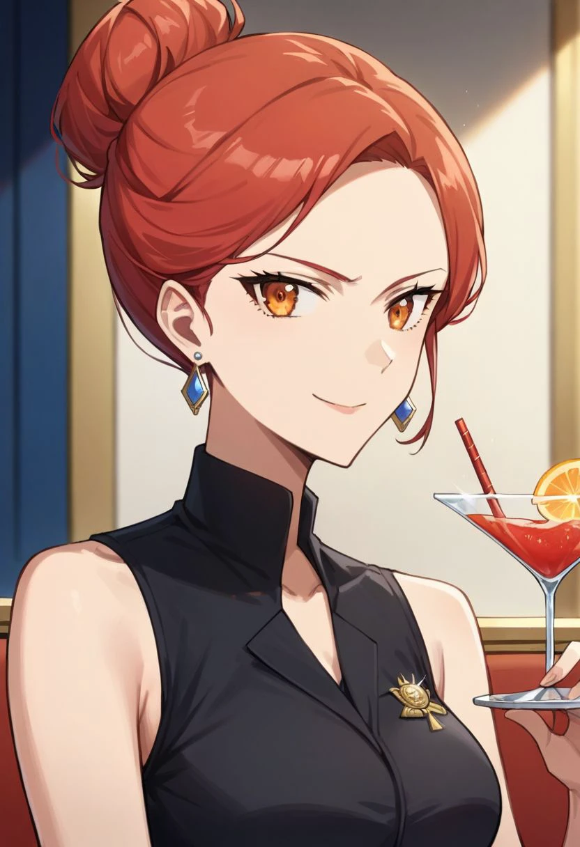 score_9, score_8_up, score_7_up, source_safe, source_anime, alexandra magritte, 1girl, solo, red hair, hair up, amber eyes, formal wear, big breasts, sleeveless jumpsuit, black jumpsuit, cocktail jumpsuit, earrings, make up, portrait, smile, palace, looking at viewer