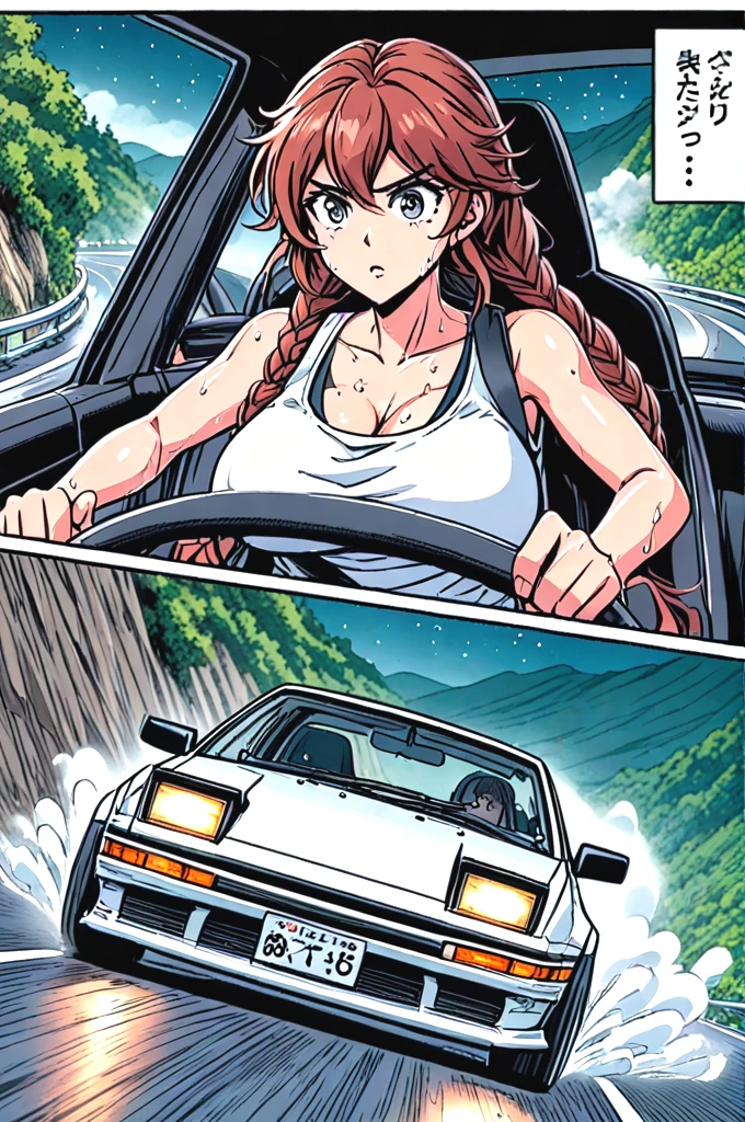 source_anime, score_9, score_8_up, score_7_up, comic, manga, drifting style, solo focus, 1girl in car interior, tank top, big tits, auburn hair, braids, AE 86, Initial D, seatbelt, motion lines, motion blur, driving, sports car, reflection, dust, wind, downhill, slope road, mountain road, wet, fog, tree, cliff, night, starry sky, <lora:50pics_driftingstyle_pony:0.9>