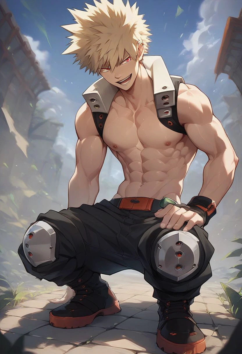 score_9, score_8_up, score_7_up, source_anime, anime, anime coloring, 1boy, solo, male focus, toned male,  seductive smile, open mouth, bakugo, blonde hair, red eyes, abs, (((full body in image)))