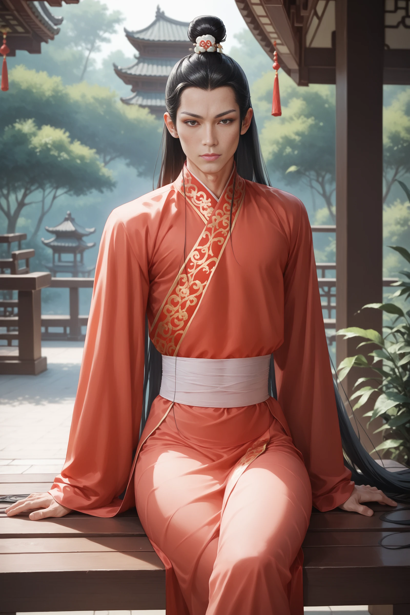 score_9, score_8_up, score_7_up, solo, looking at viewer, wide hips,  male focus, very long hair,  1boy, sitting in a wood bench, crossed legs, chinese clothes, gradient dress, black eyes, toned, hair bun, pale skin, long hair, black hair, hair ornament, realistic, <lora:ahliponyv1-000001:0.85>