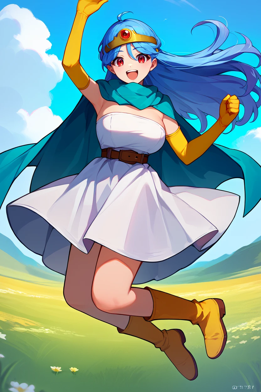 score_9, score_8_up, score_7_up, score_6_up, source_anime, BREAK 1girl, solo, <lora:dq3sage-pdxl-nvwls-v1-000006:1> dq3sage, blue hair, red eyes, long hair, circlet, blue cape, white dress, strapless, belt, elbow gloves, yellow gloves, yellow boots, big breasts, happy, jumping, blue sky, field, dynamic pose, looking at you