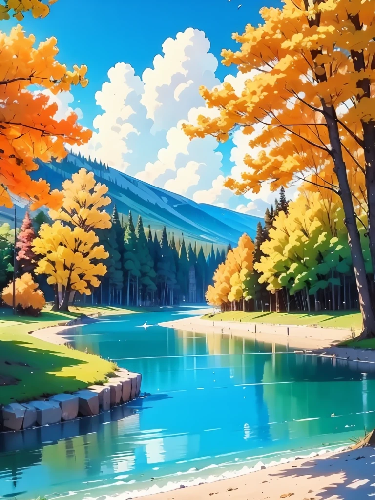 Masterpiece, Sunny, quiet, lake, blue, WeLi_il outdoors, <lora:We_illustration_awpainting:0.9>