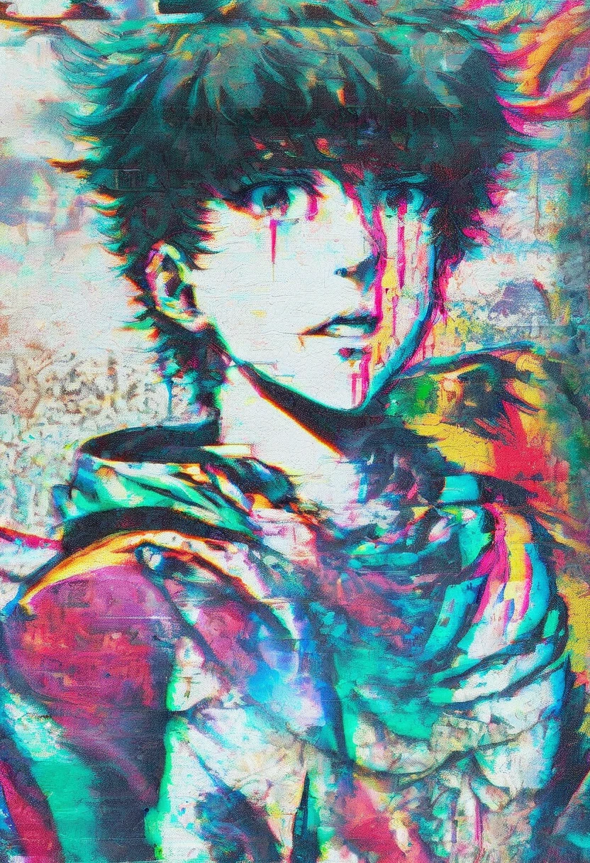 anomaly, close up portrait of a young man against a Graffiti wall, classic anime style