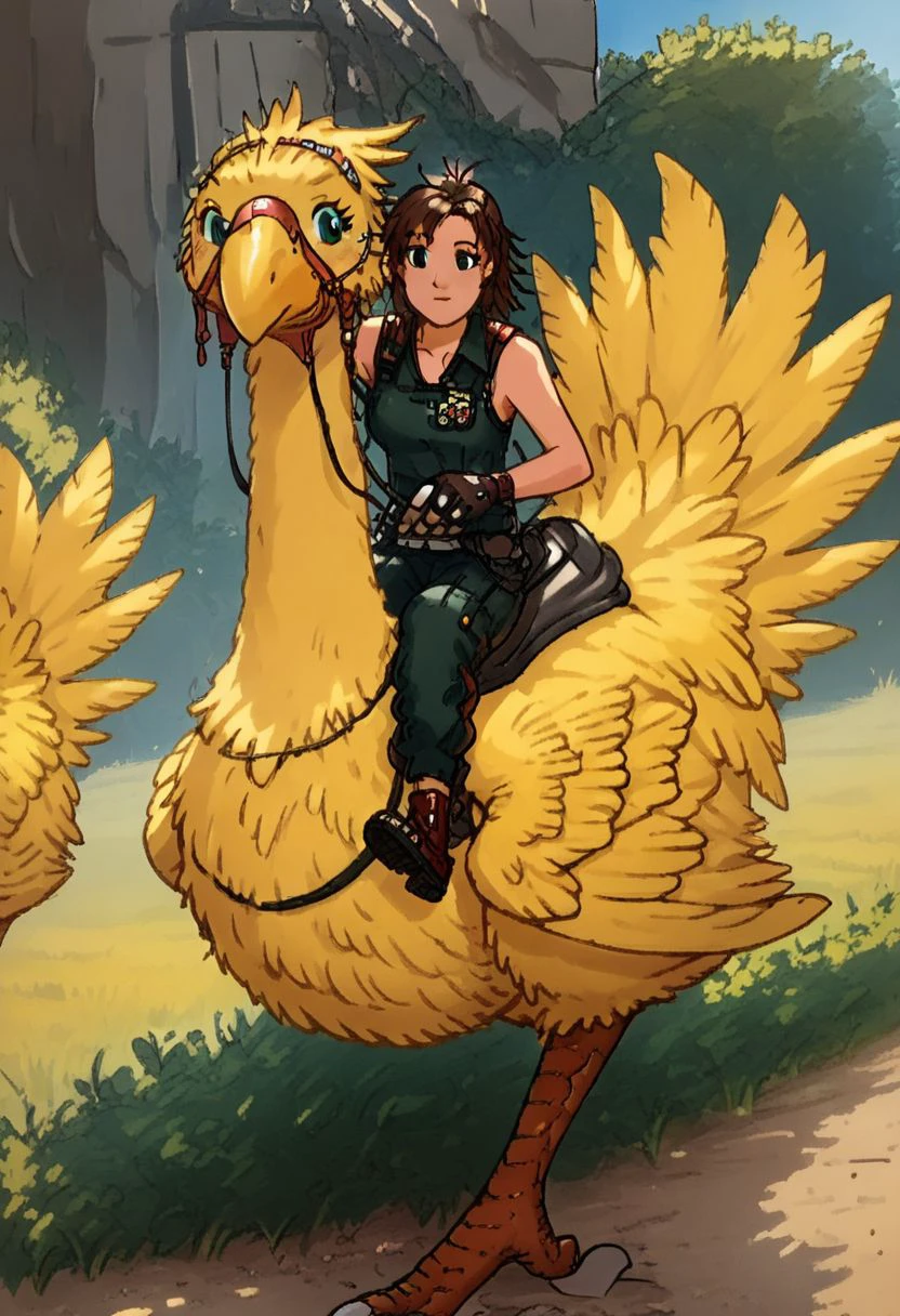 Bpb1,1girl,2d,Score_9, score_8_up, score_7_up, score_6_up,brown hair  ,(riding a yellow chocobo),  scool uniform, closeup, chocobo sprinting, outdoors, facing viewer, bird