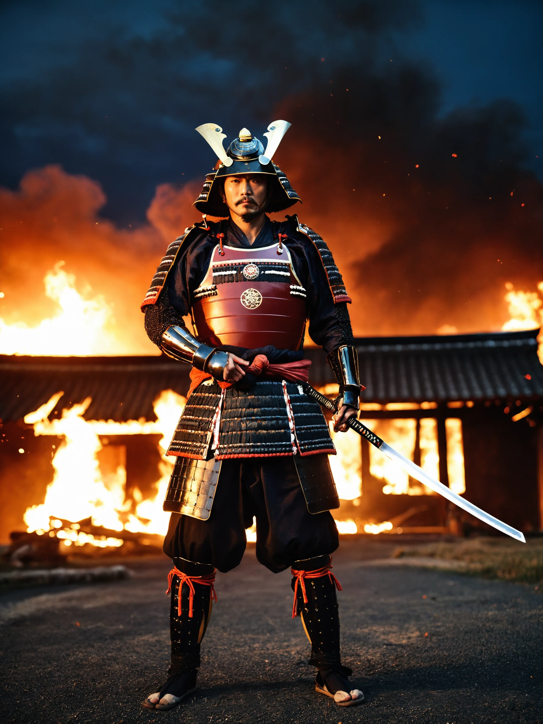 best quality, masterpieces,
a man with angry face in samurai armor without mask who preparing to draw his sword and standing in front of devastated houses which on fire, firing background,
midnight, dark sky, blood moon, dark theme, 
heavy shadow, film photography, soft focus, soft lighting, subsurface scattering, realistic,
<lora:hina_samurai_armor_sdxl_rank32:0.5>