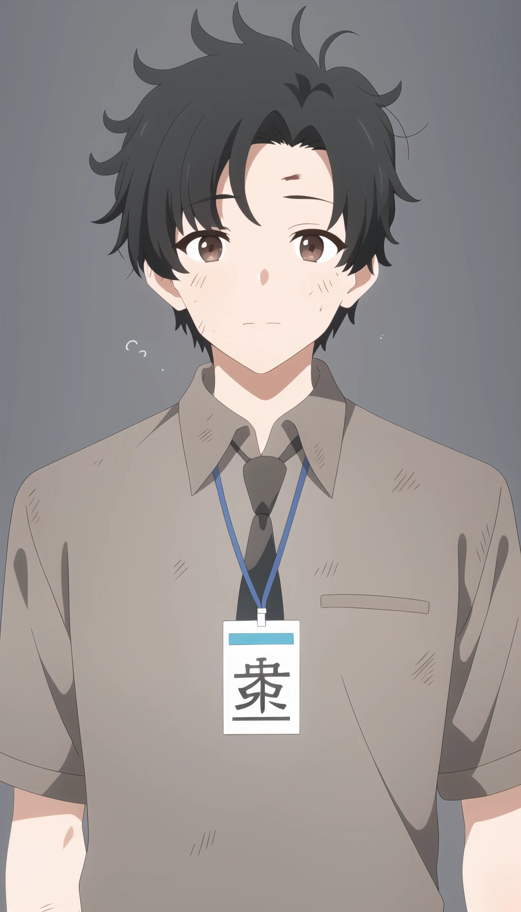 sensei,1boy,male focus,black hair,solo,brown eyes,looking at viewer,necktie,shirt,upper body,dirty,dirty face,simple background,lanyard,closed mouth,name tag,messy hair,bruise,<lora:sensei:0.7>,