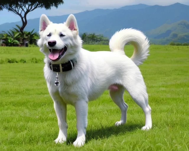 tail, full body, outdoors, sky, day, tongue, tongue out, black eyes, collar, dated, tree, blue sky, no humans, chain, animal, grass, plant, nature, dog, realistic, leash, field, animal focus, white fur, photo background, fluffy, EXCVT, KTMN, Kintamani, <lora:kintamani-bari_dog_v4:0.5>
